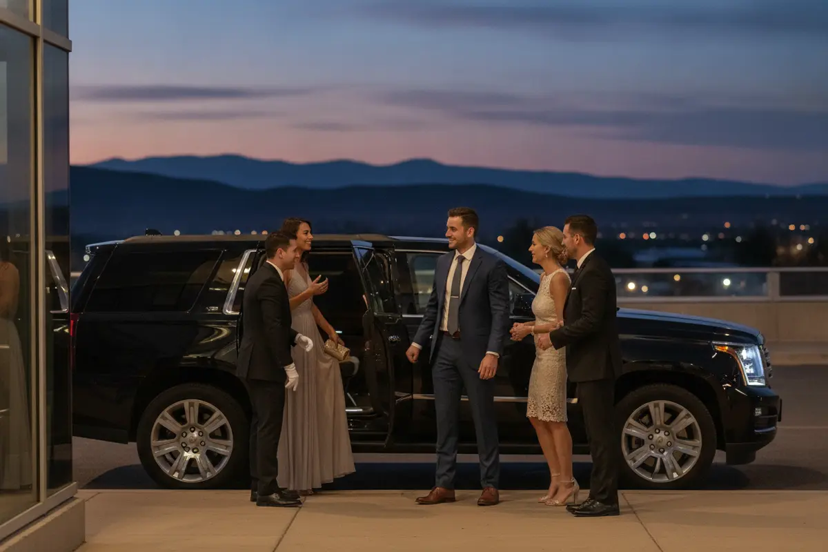 A small group gathering beside a luxury SUV before an evening event in Littleton