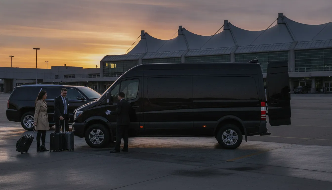 Professional chauffeur preparing a Sprinter van and SUV for group transportation to Denver airport