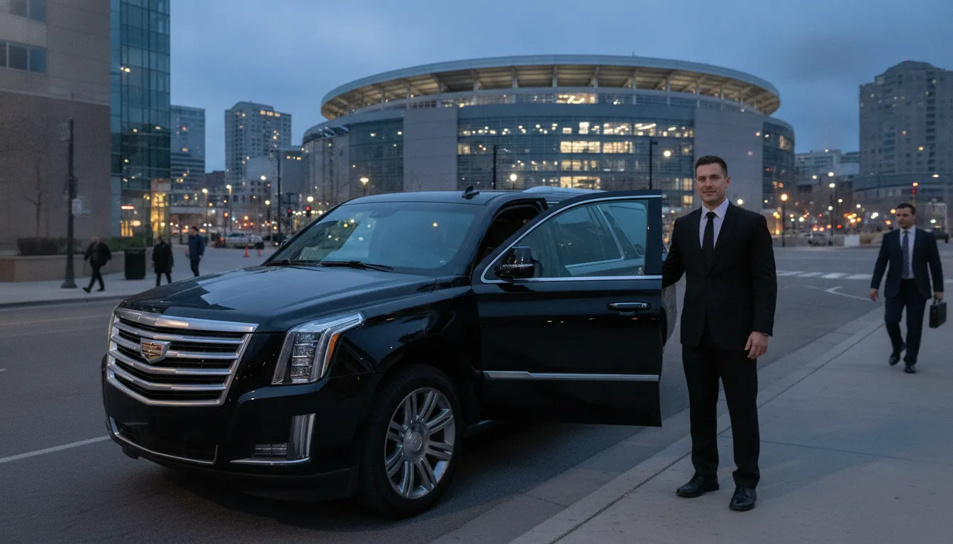 Luxury SUV and chauffeur near Ball Arena in downtown Denver