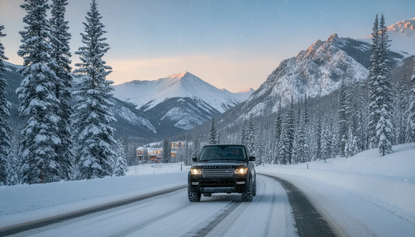 Luxury black SUV traveling on a snowy Colorado mountain route to Beaver Creek
