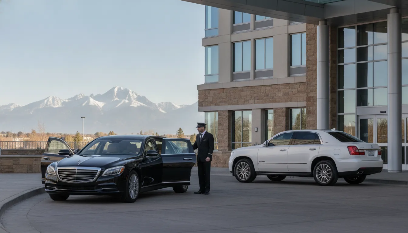 Luxury sedan and SUV prepared for chauffeur service outside a Denver hotel