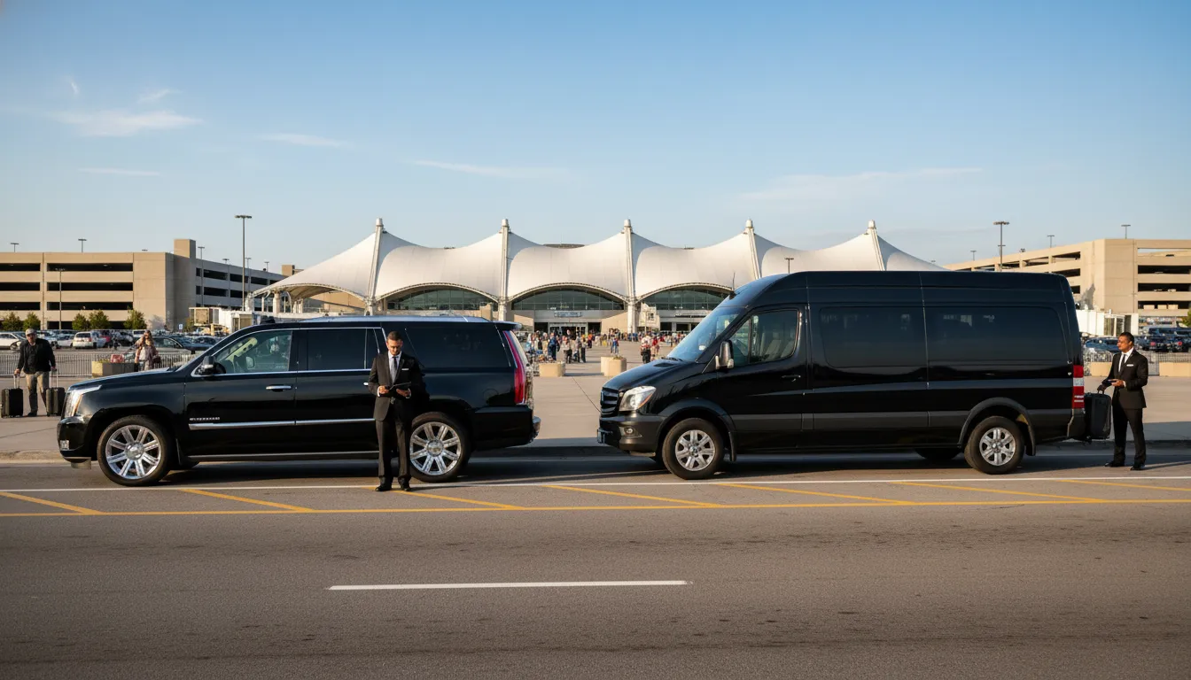 Luxury airport transfer vehicles ready for passengers at Denver International Airport