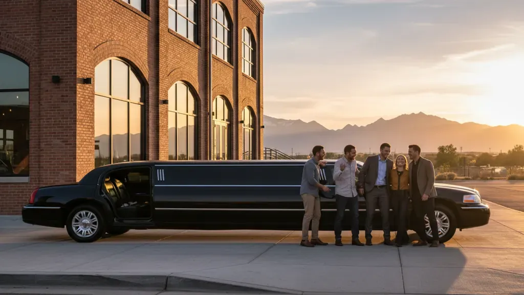 Denver brewery tour limo parked outside a craft brewery for group transportation planning