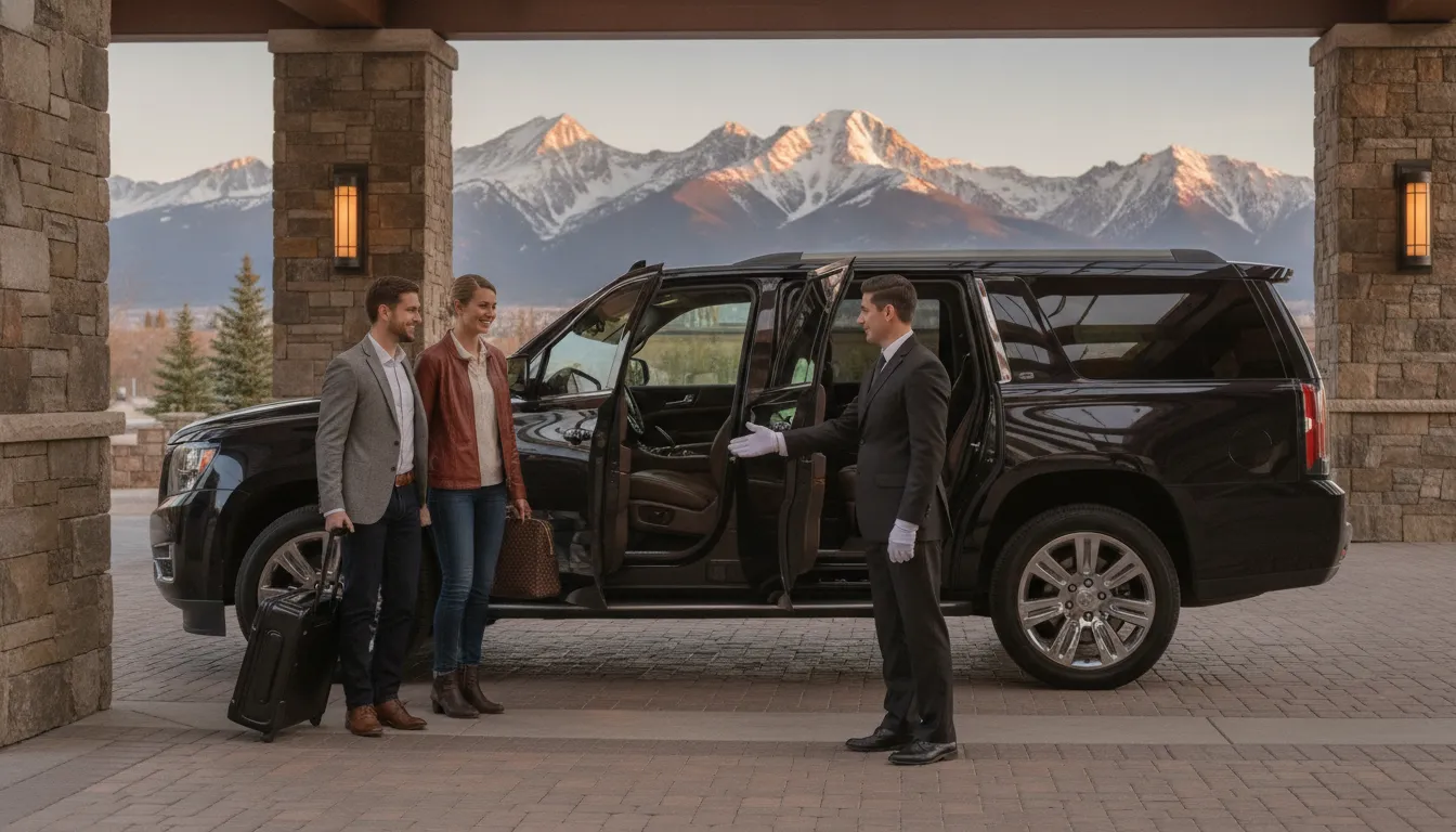 Chauffeur welcoming travelers beside a luxury SUV in Colorado