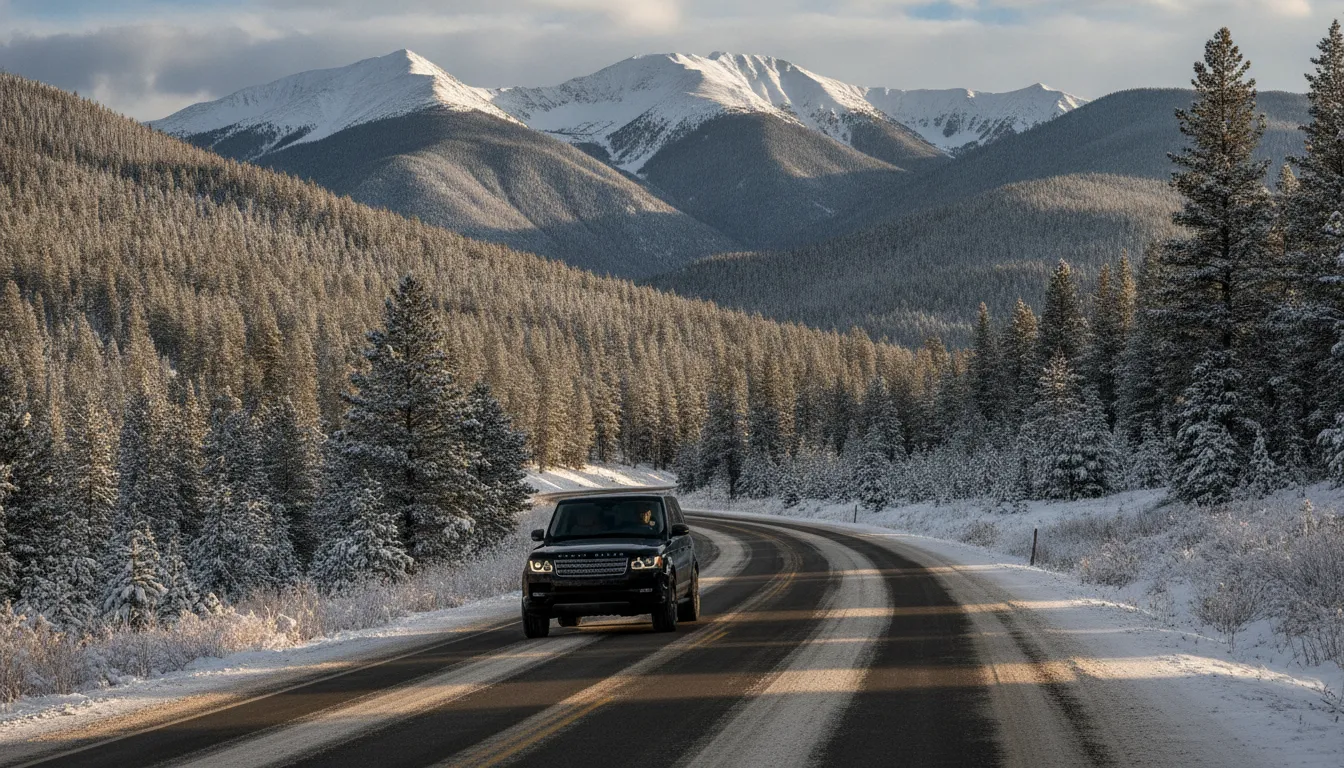Luxury SUV on a snowy Evergreen Colorado mountain road
