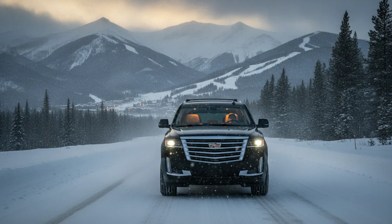 Luxury black SUV driving on snowy I-70 highway through the Colorado Rockies with mountain views
