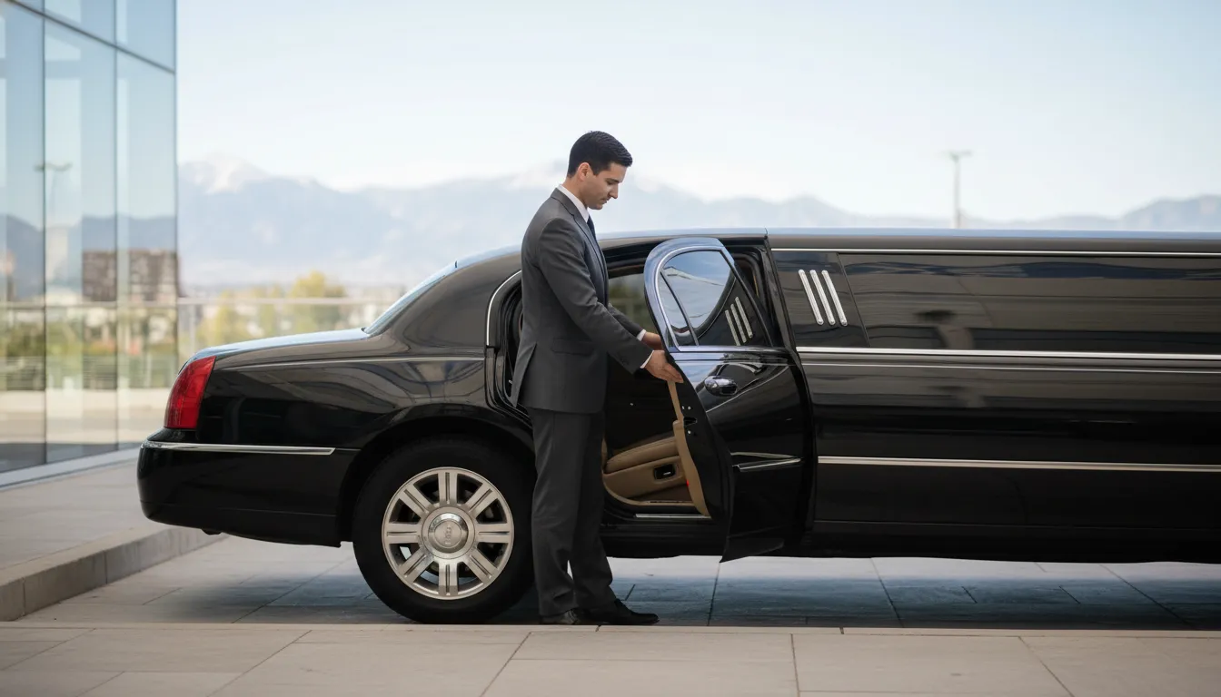 Chauffeur opening a black limousine door for a Denver direct provider reservation