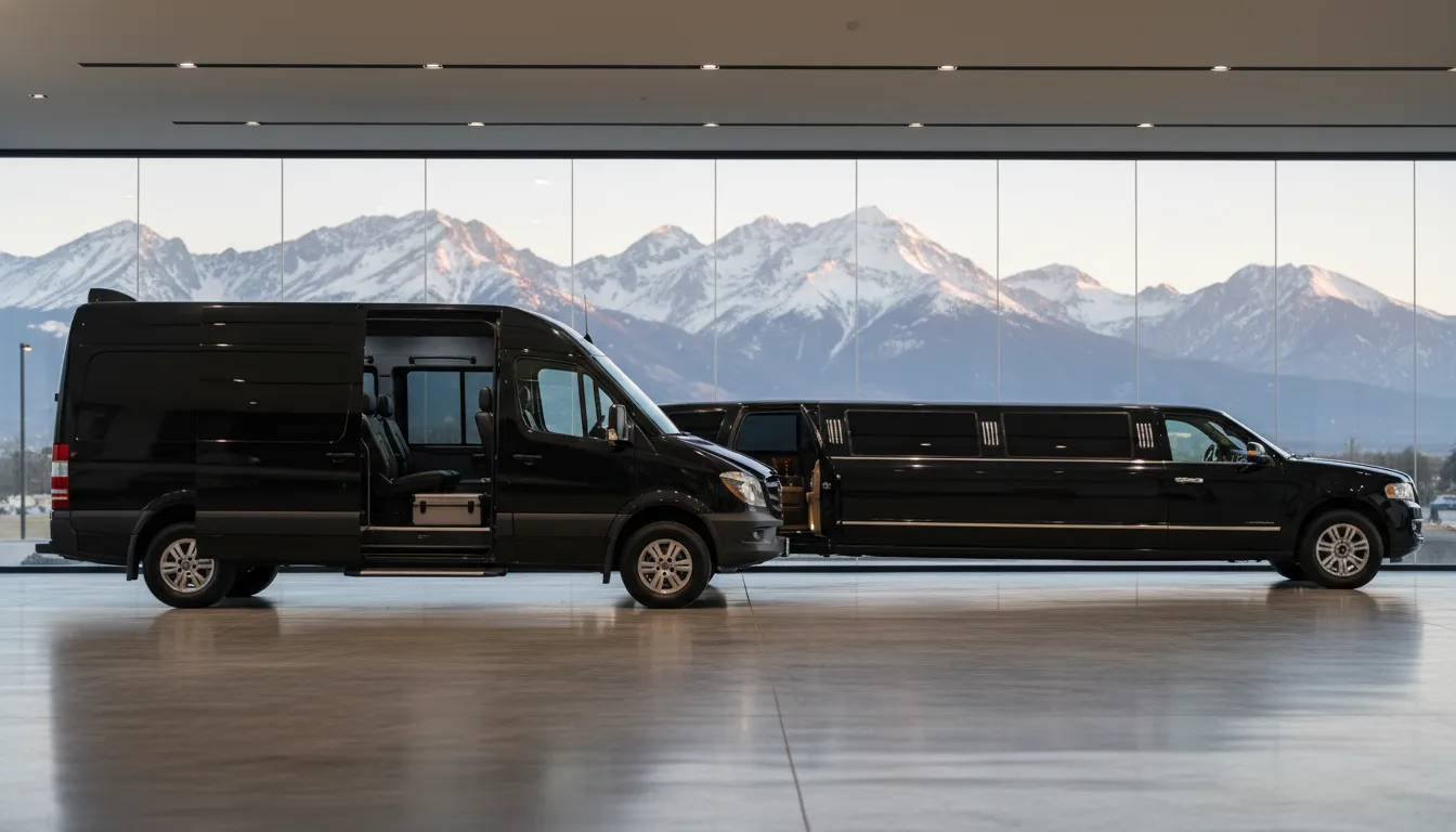 Stretch limousine and executive van options for an owned limo fleet Denver booking