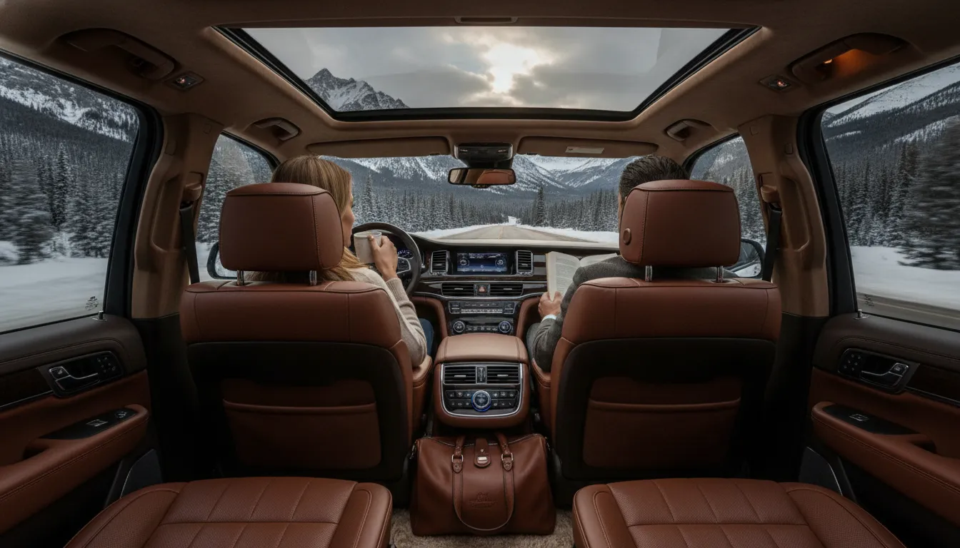 Luxury leather interior of a chauffeur-driven SUV with climate control, warm lighting, and mountain views through the window