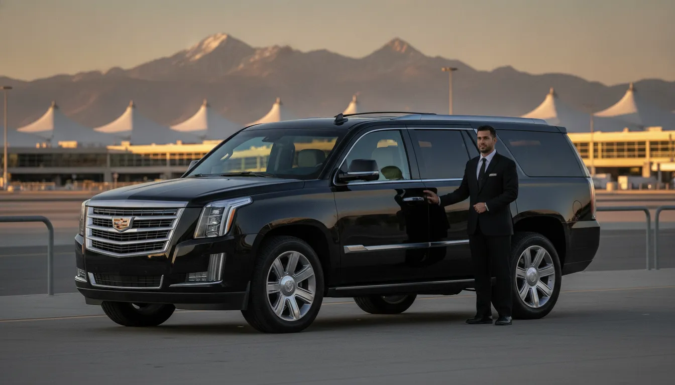 Executive black car service vehicle and chauffeur at Denver International Airport