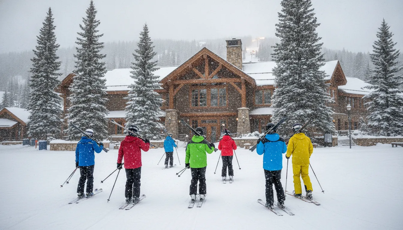 Skiers carrying skis toward a timber lodge in falling snow at a Colorado mountain village