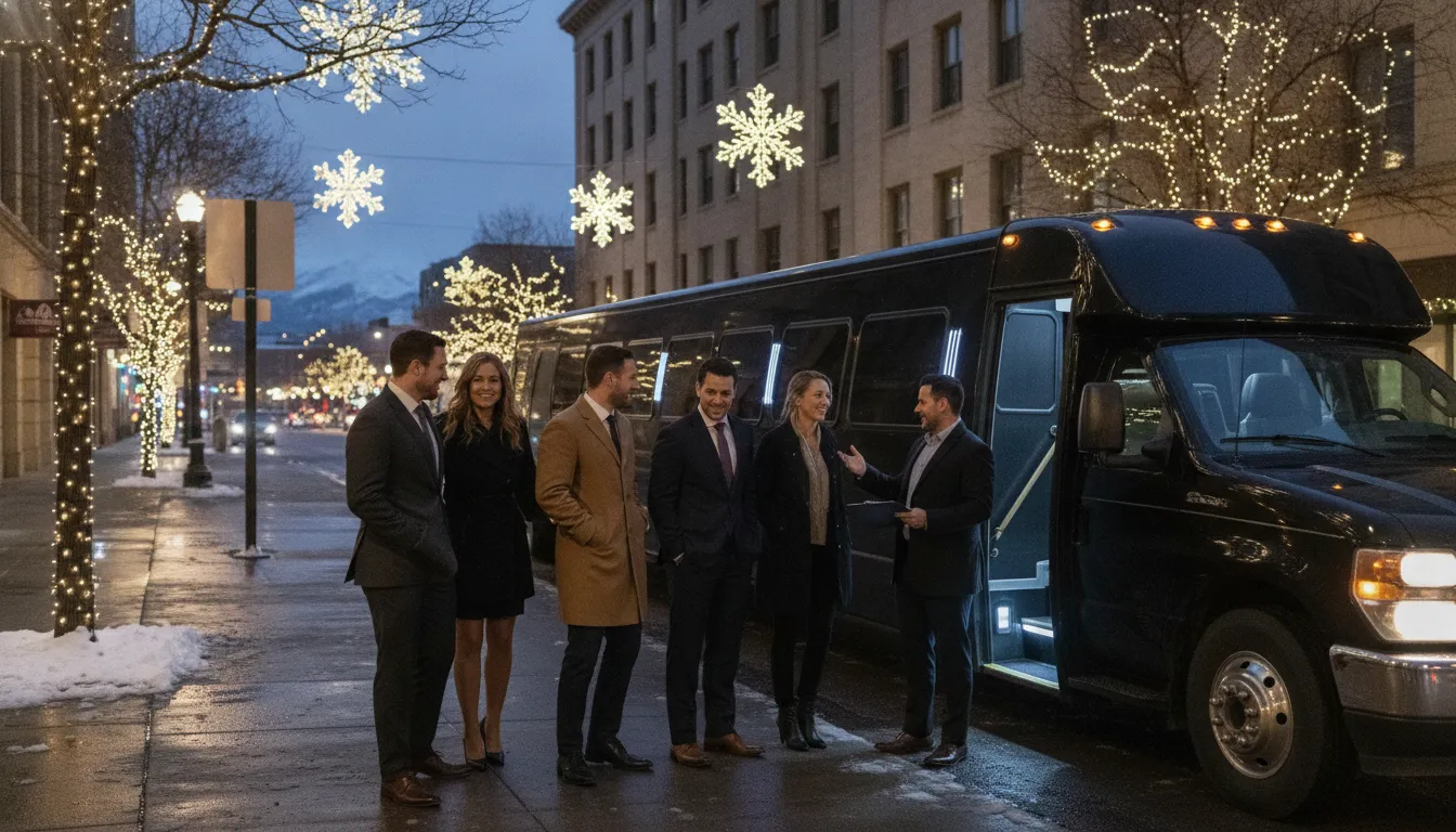 Corporate guests boarding Denver holiday party transportation