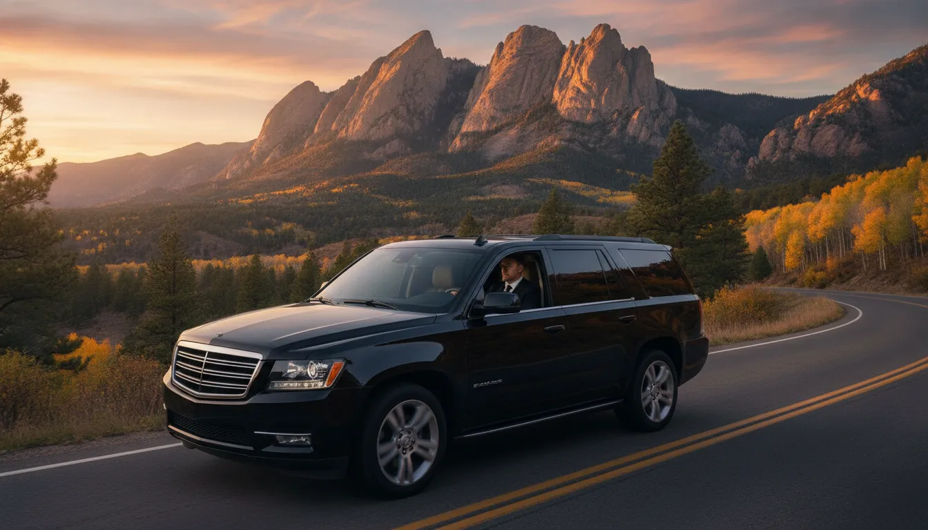 Black luxury SUV on a scenic Colorado mountain road near Boulder with the Flatirons in the background