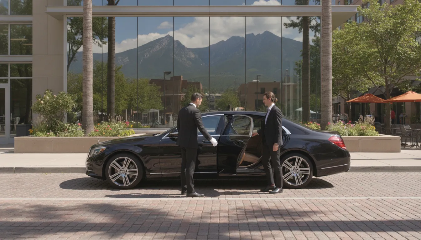 Professional chauffeur in suit holding car door open for travelers near Pearl Street in Boulder