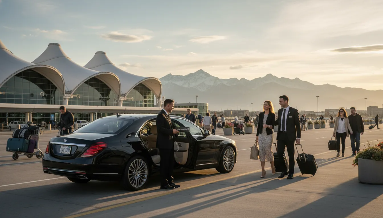 Private black car waiting for concert travelers at Denver International Airport
