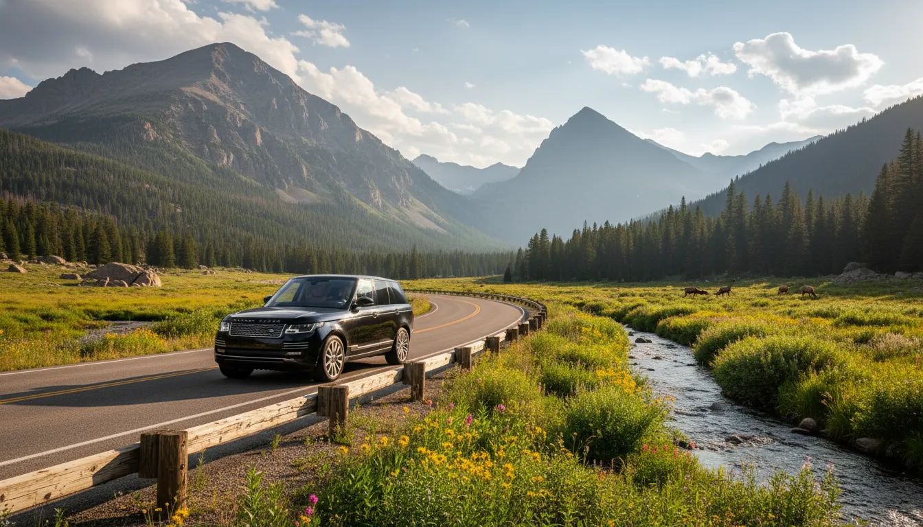 Luxury black SUV on a scenic Colorado mountain road near Estes Park