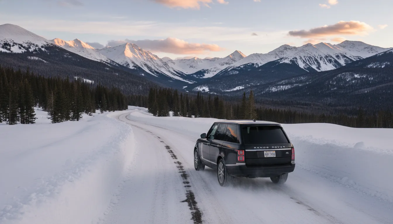 Luxury SUV traveling on a snow-lined Colorado mountain road