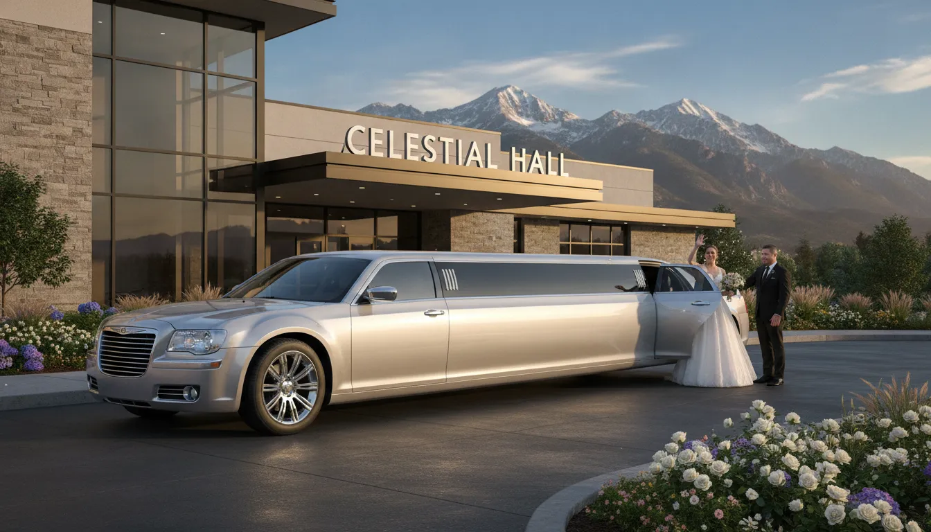Silver Chrysler 300 stretch limousine parked at a Denver venue for a luxury event