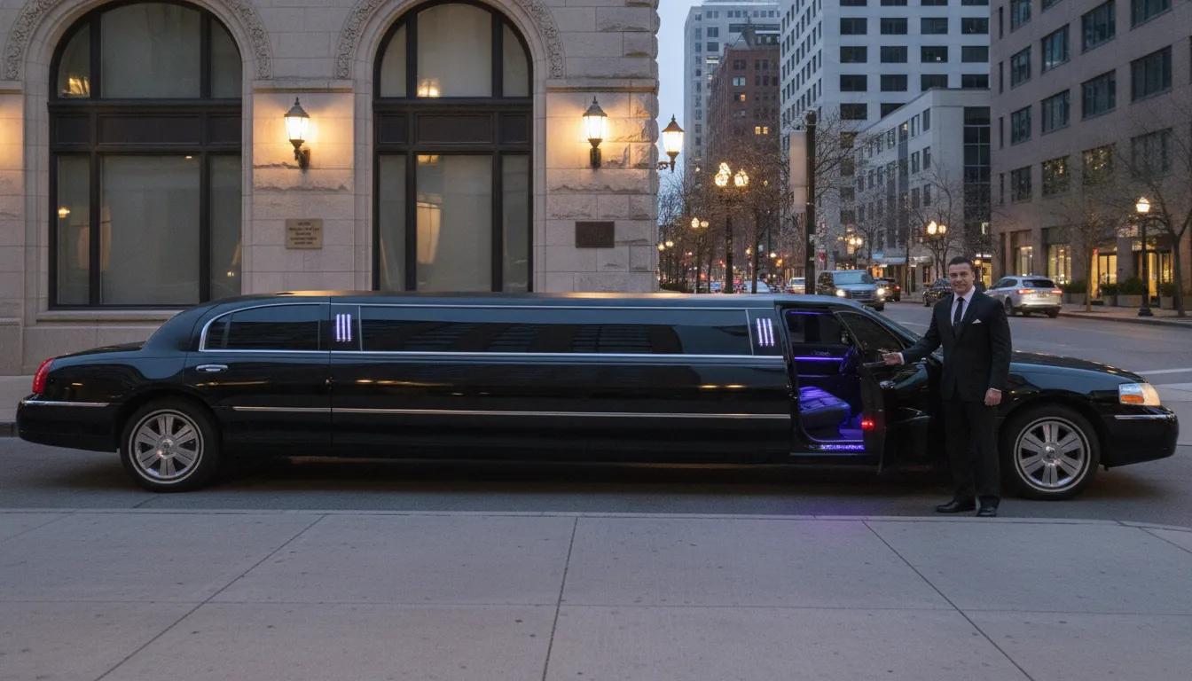 Avi Limo black stretch limousine parked outside an upscale Denver venue for first class limo service