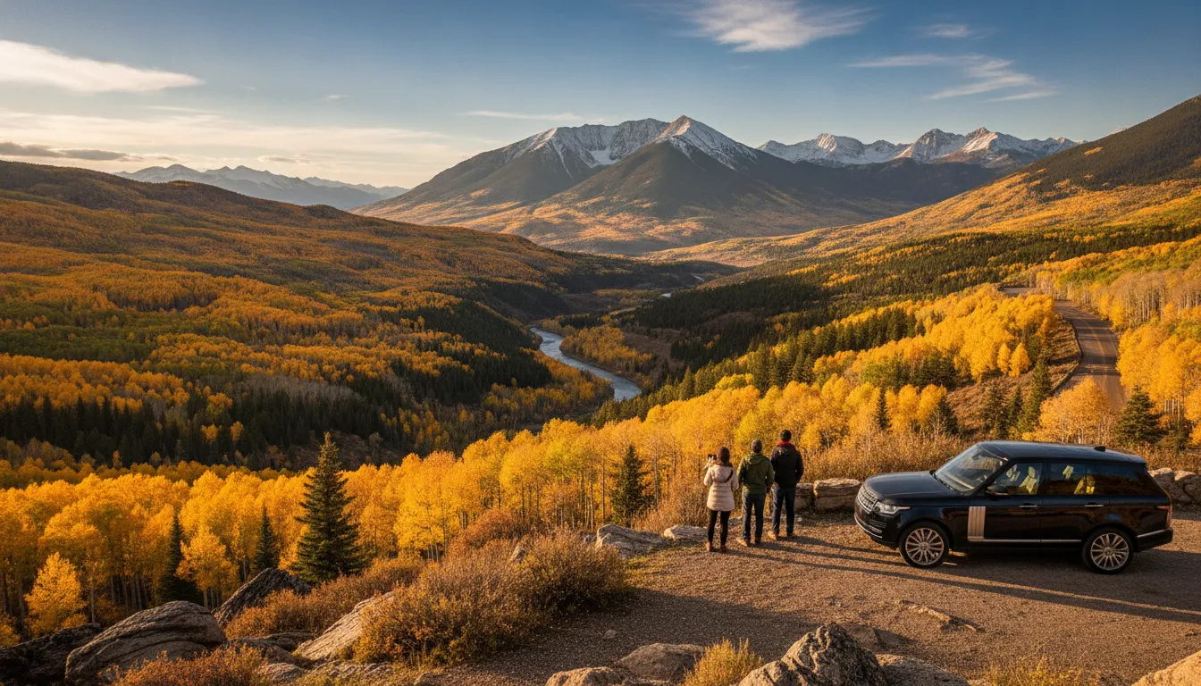 Group enjoying golden aspen views beside a luxury vehicle in the Colorado mountains
