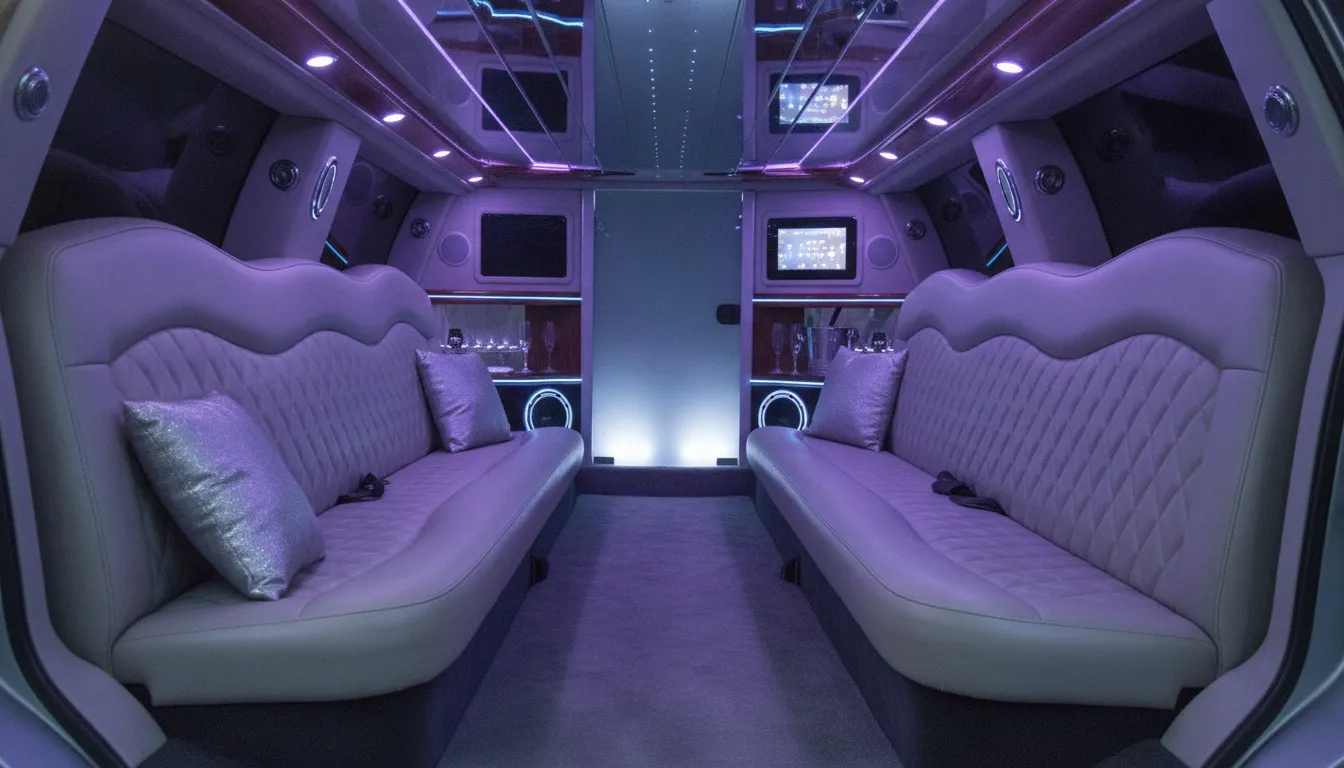 Luxurious Chrysler 300 stretch limo interior with LED mood lighting and leather seating