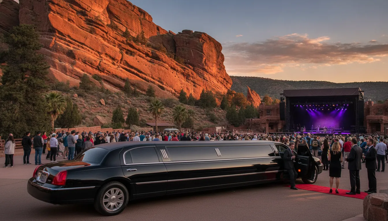 Luxury stretch limousine parked at Red Rocks Amphitheatre entrance