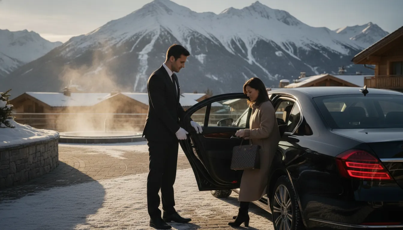 Avi Limo chauffeur escorting a passenger at a snowy Colorado mountain resort