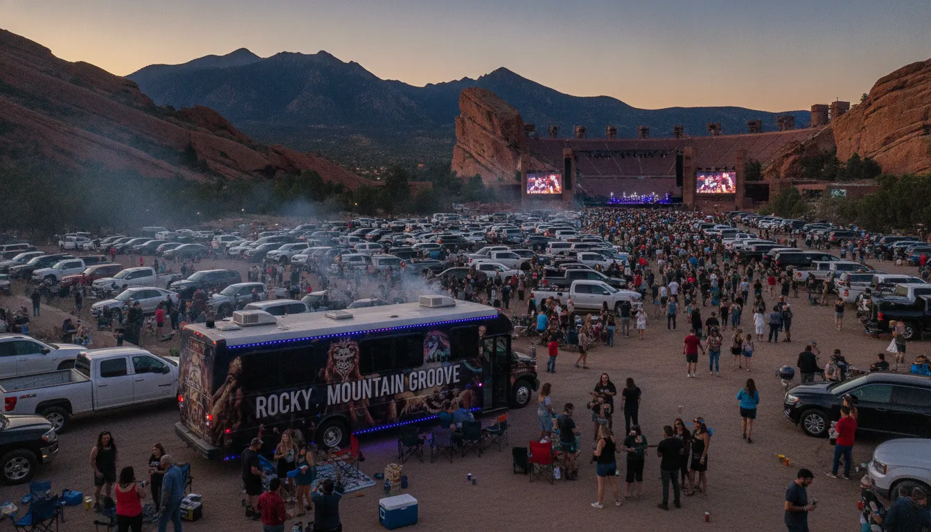 Party bus and concert crowd at Red Rocks Amphitheatre parking lot
