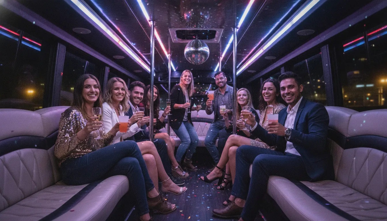 Friends celebrating inside a luxury party bus with wrap-around leather seating and colorful ambient LED lighting