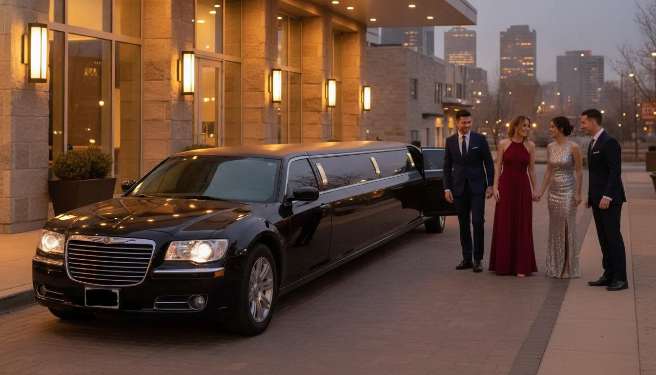 Uniformed chauffeur opening the door of a black stretch limousine for passengers outside a Denver venue in the evening