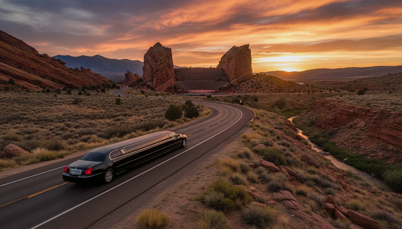 Black luxury limousine approaching Red Rocks Amphitheatre at sunset