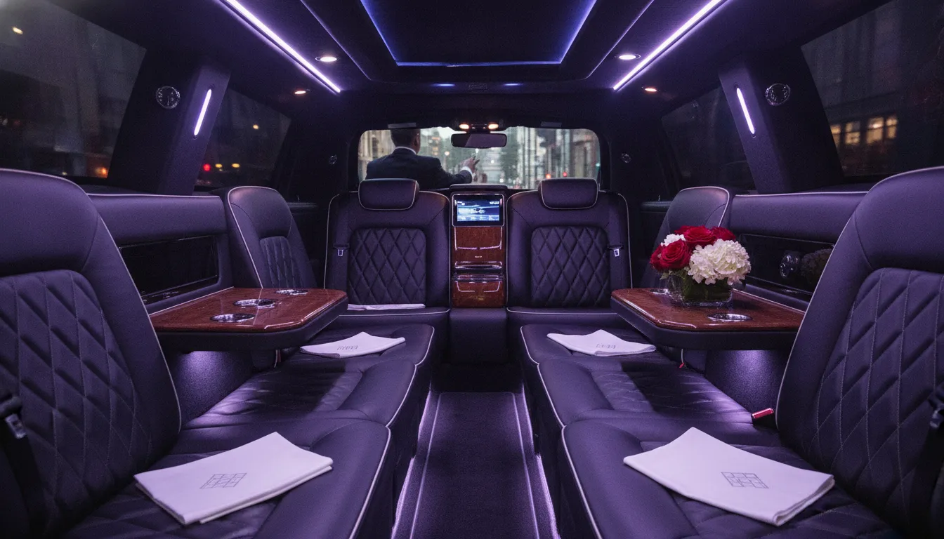 Luxury limousine interior with plush leather seating and ambient LED lighting showing Avi Limo premium chauffeur experience