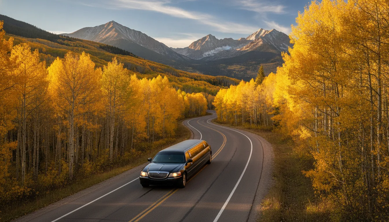 Luxury limousine traveling through golden Colorado aspen trees on a Denver fall foliage limo tour