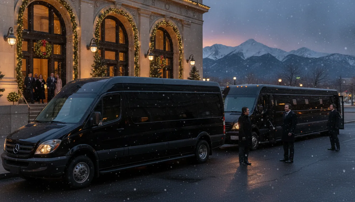 Denver holiday party transportation vehicles outside a corporate event venue