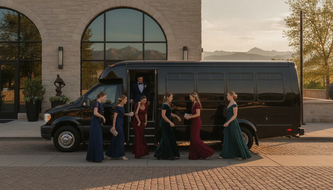 Wedding guests boarding a shuttle outside a Denver venue