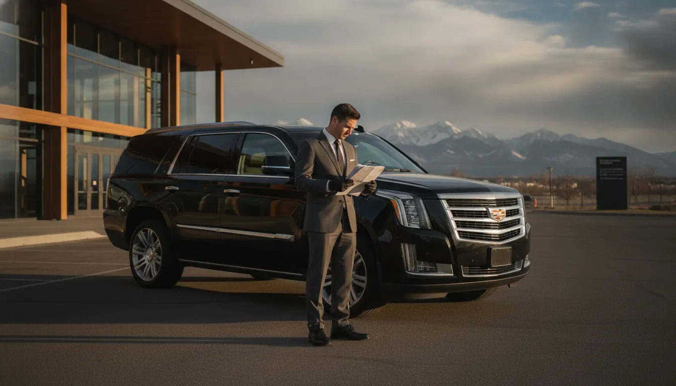 Denver chauffeur reviewing a trip itinerary beside a black Cadillac Escalade ESV