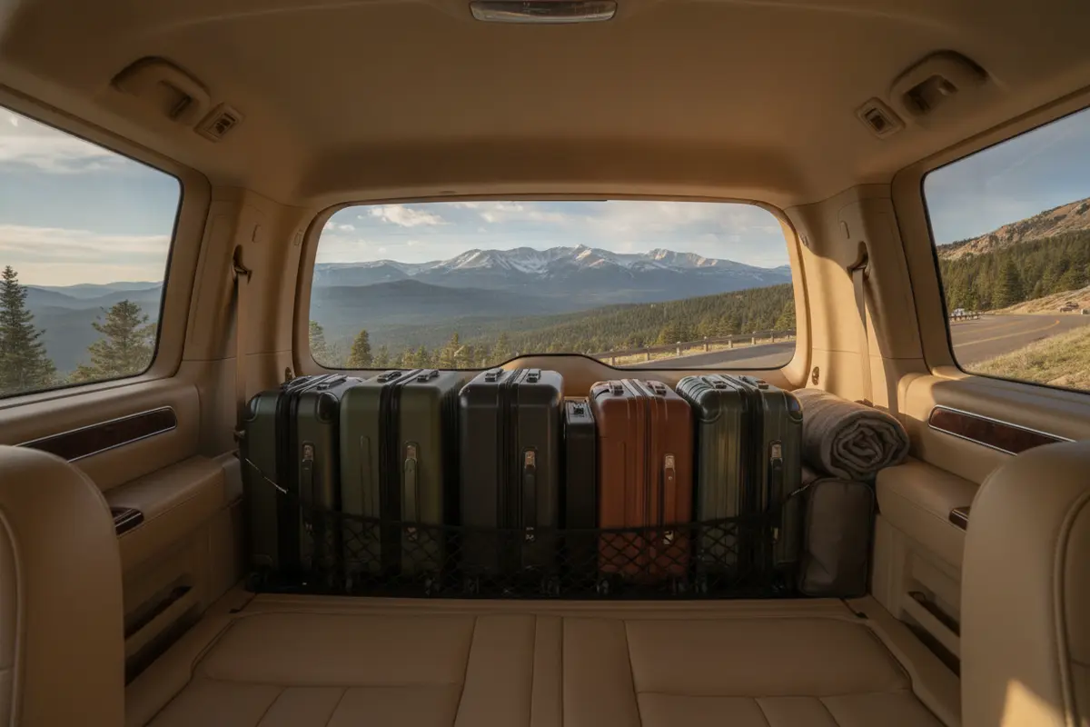 Luggage arranged in an executive SUV before a Colorado mountain transfer