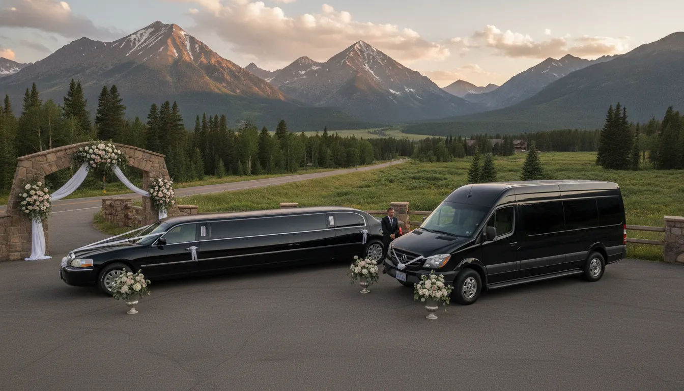 Luxury fleet staged for Colorado mountain wedding transportation