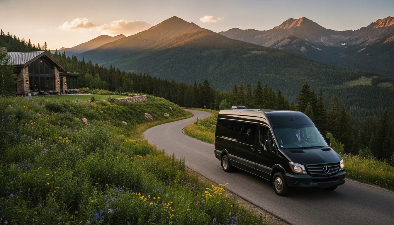 Colorado mountain wedding transportation shuttle traveling toward a mountain venue