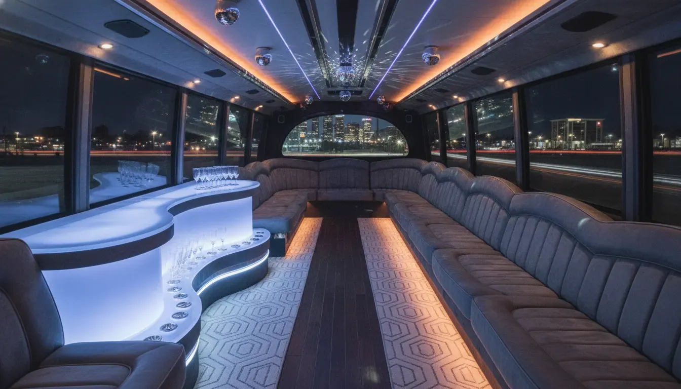 Spacious party bus interior for a Denver group event