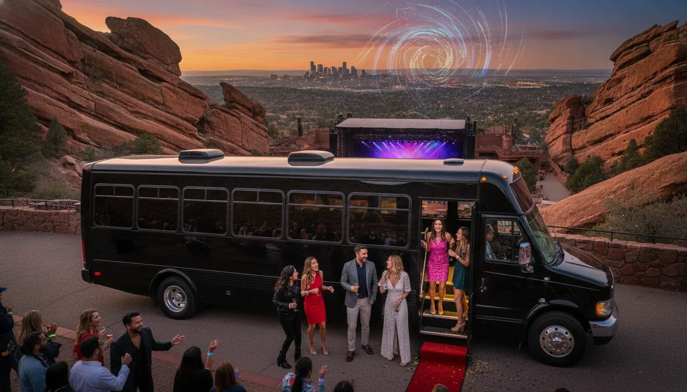 Friends boarding a party bus for Red Rocks concert transportation