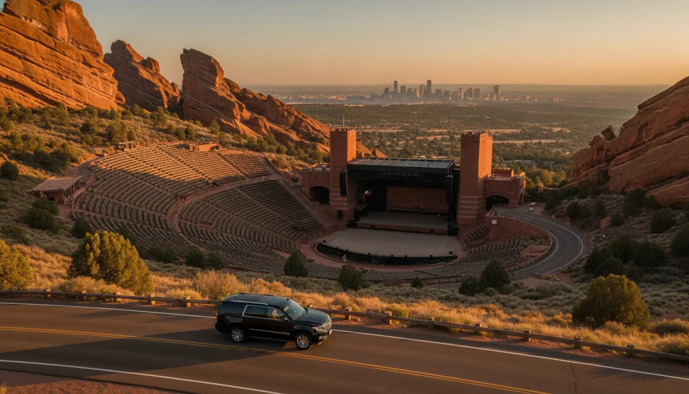 Black luxury SUV providing Red Rocks limo service at sunset