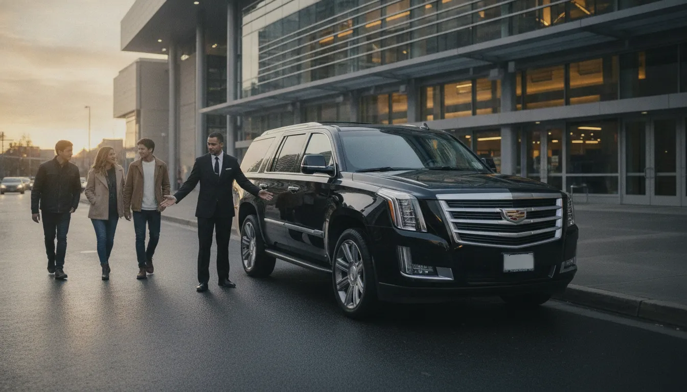 Chauffeur coordinating a return pickup for a small group outside a Denver event venue