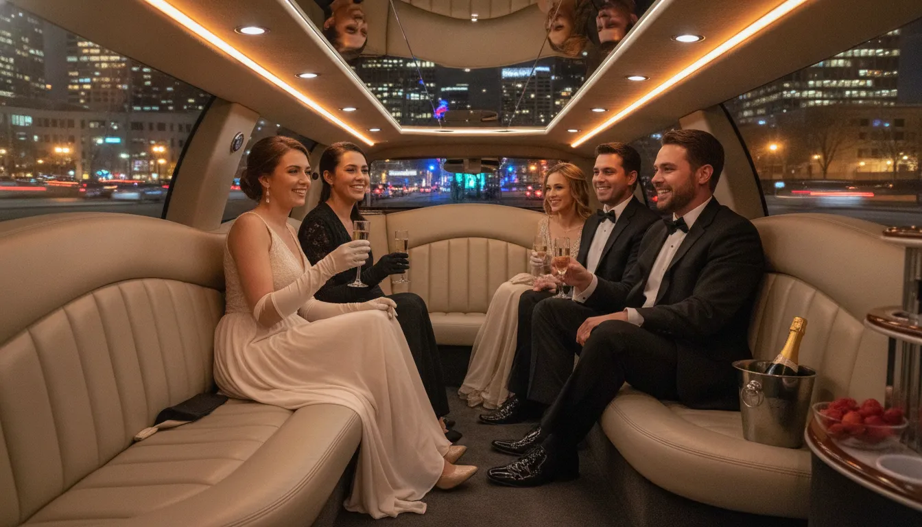 Theater group enjoying the interior of a Denver limousine