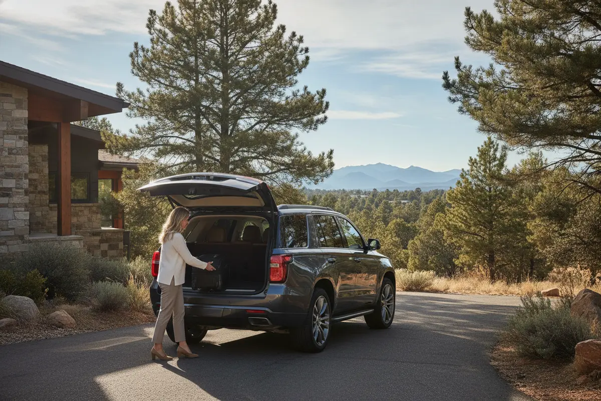 Traveler preparing luggage beside a private SUV in Parker