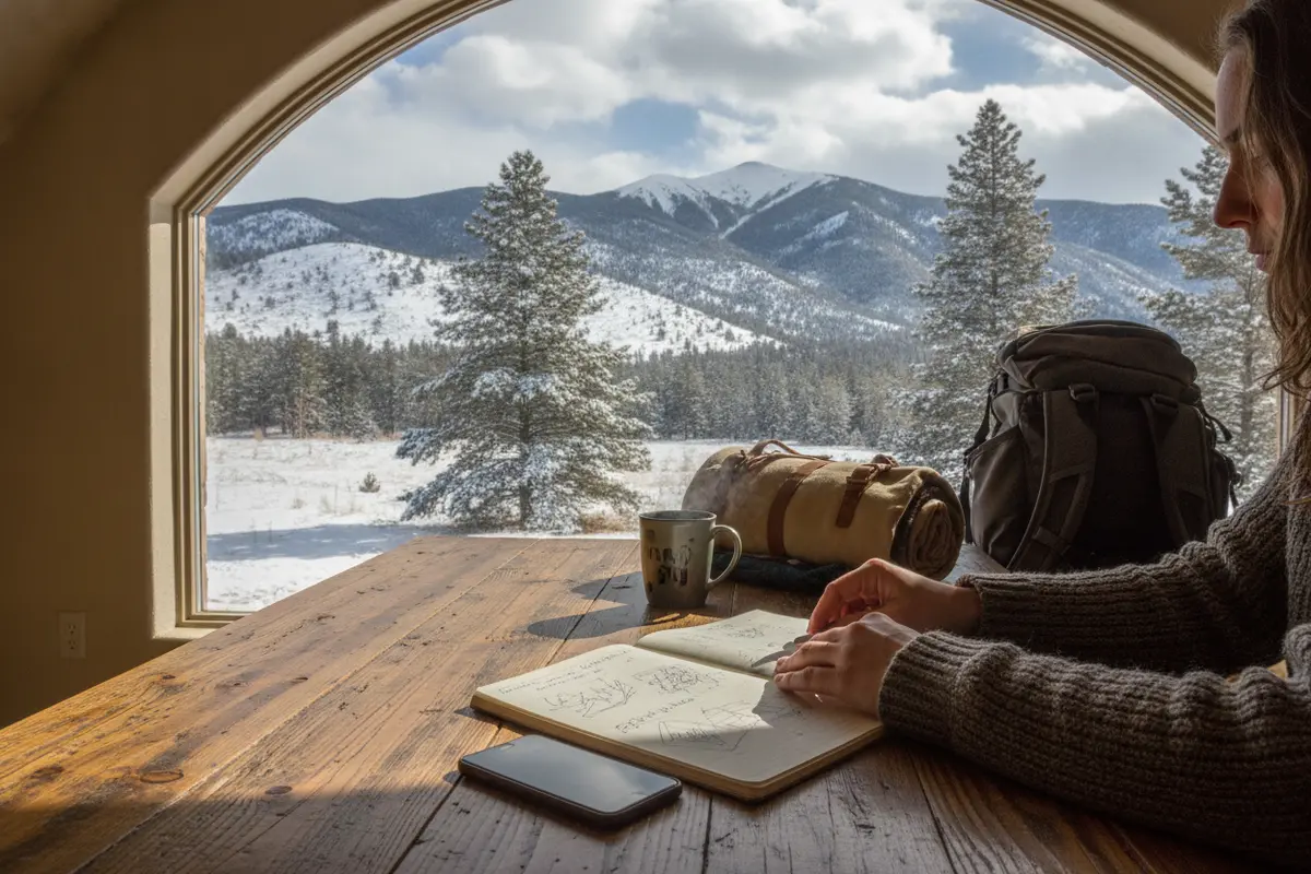 Traveler reviewing a winter transportation plan beside a snowy window