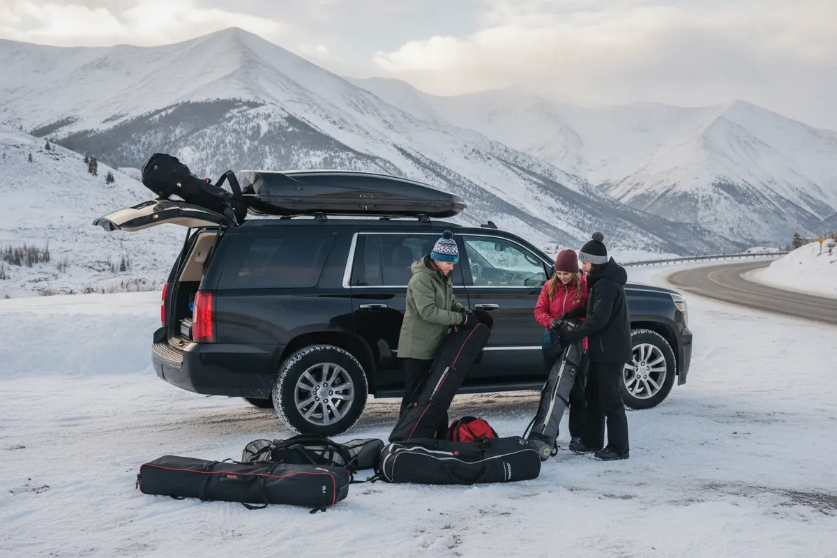 Travelers checking ski bags beside a luxury SUV before a Winter Park trip