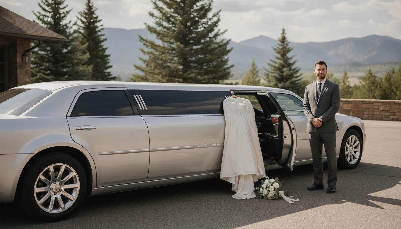 Chauffeur preparing a silver limousine for a wedding getaway