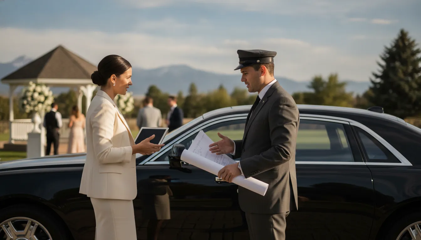 Wedding planner and chauffeur coordinating a Denver transportation route