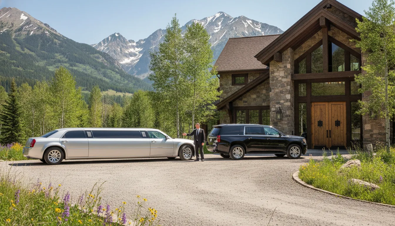Luxury wedding vehicles staged outside a Colorado venue